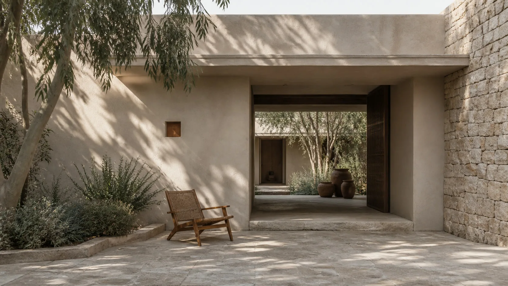 Casa de piedra clara con patio, árbol y silla de madera