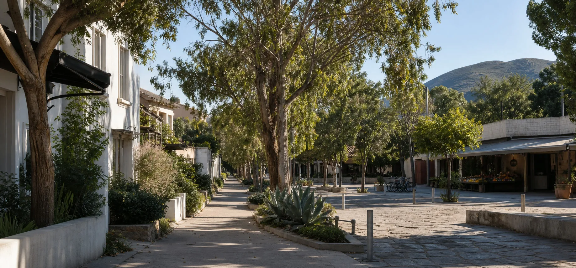 Calle arbolada con casas bajas, plaza y montaña al fondo