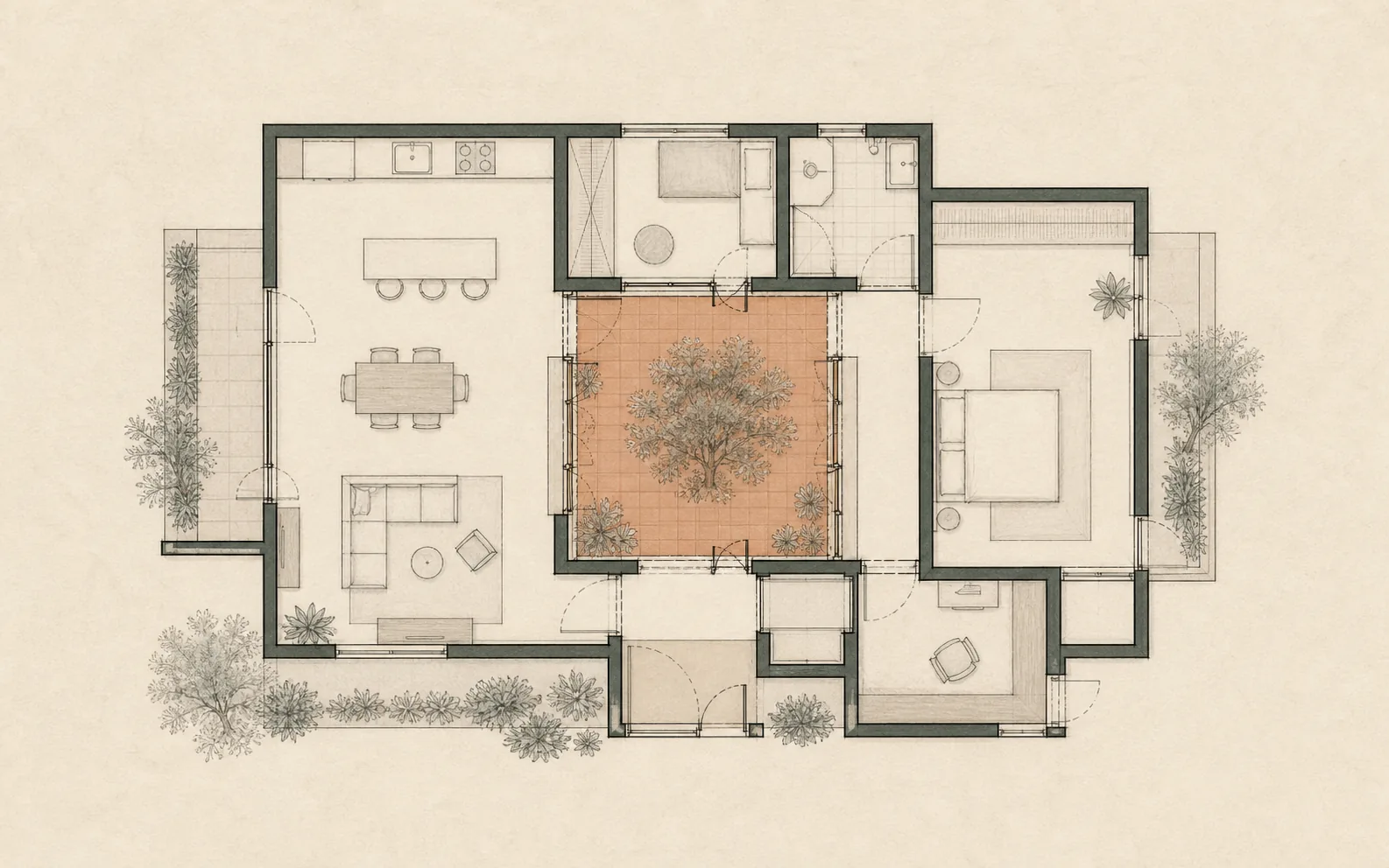 Plano conceptual de demo con patio central
